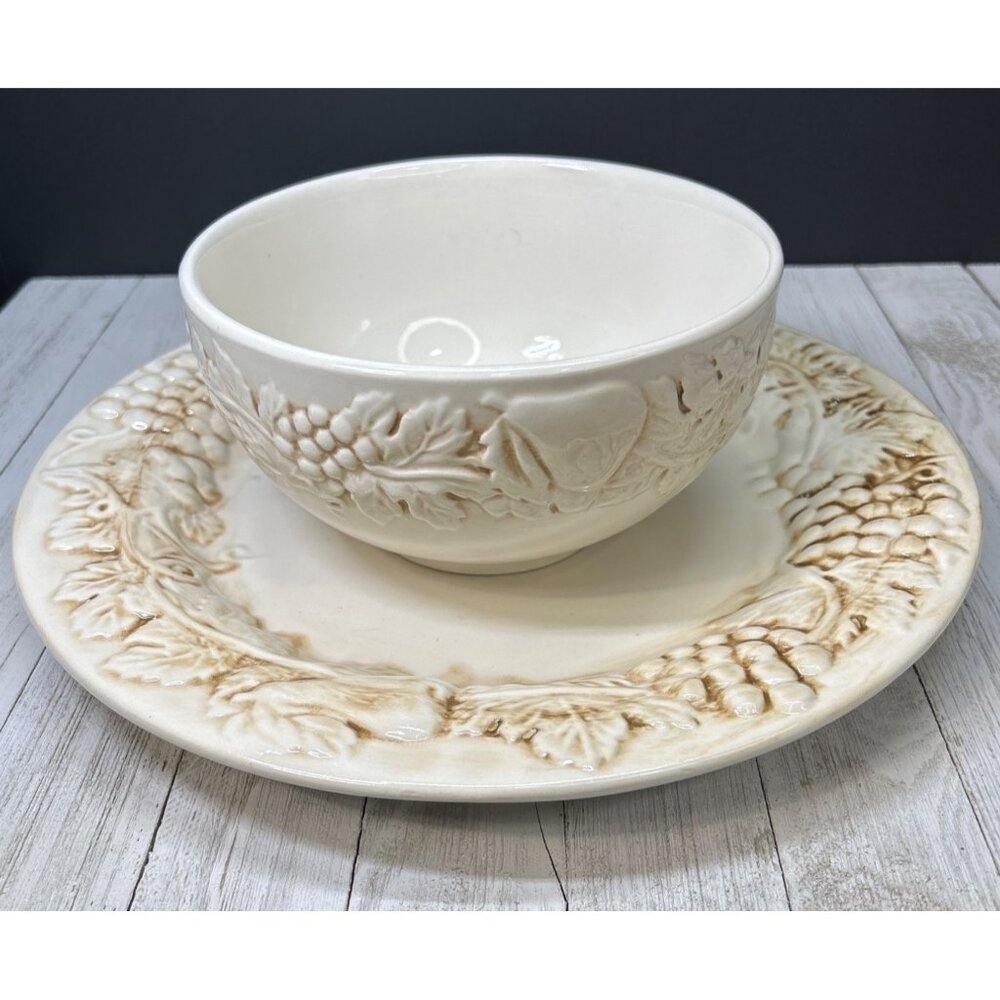 Euro Ceramica Vineyard Plate and Bowl Embossed Grapes & Leaves Pattern SET of 2